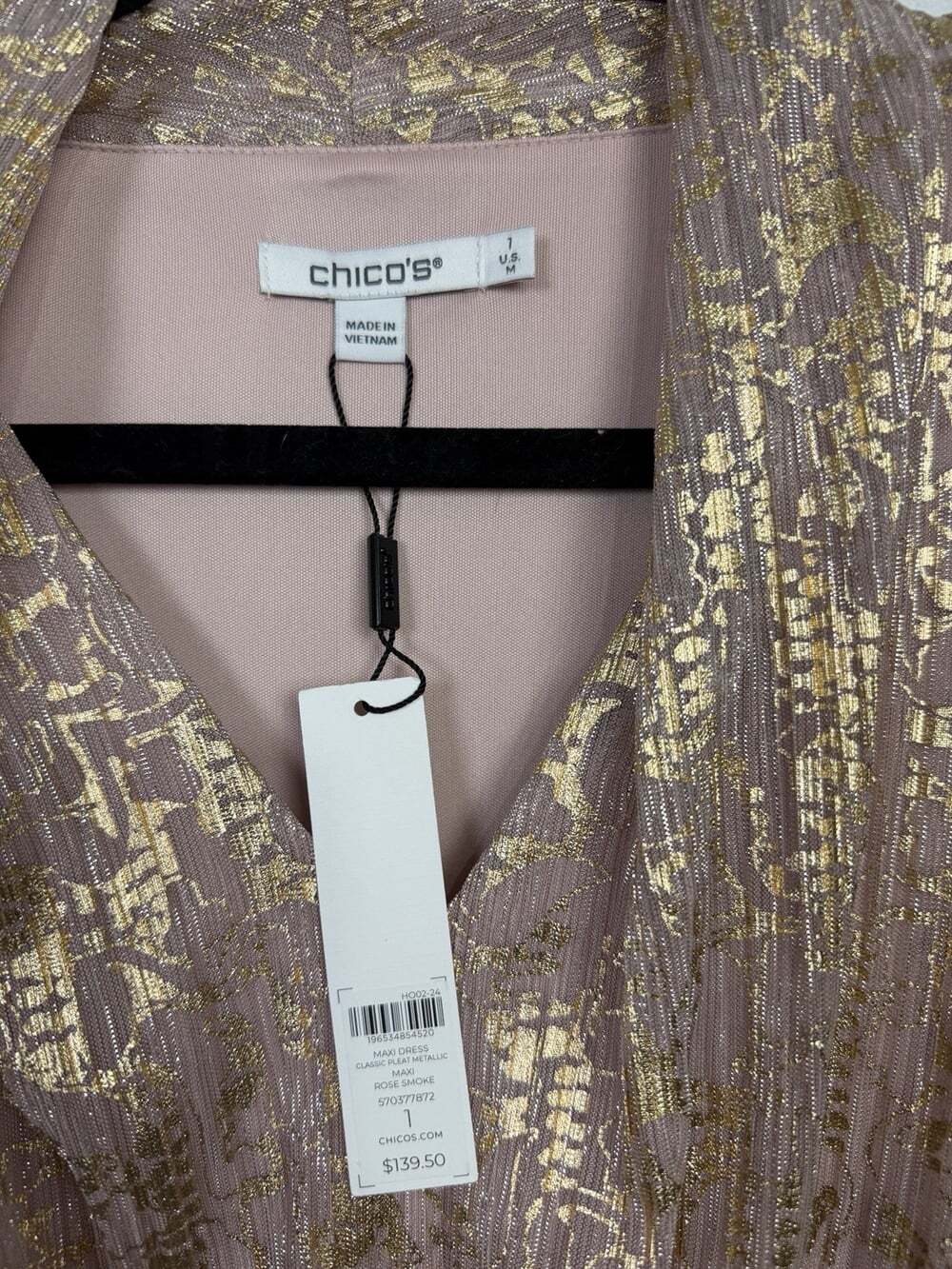 Chicos NWT Classic Pleat Metallic Maxi Dress Rose Gold Womens Sz 1 - Picture 2 of 9